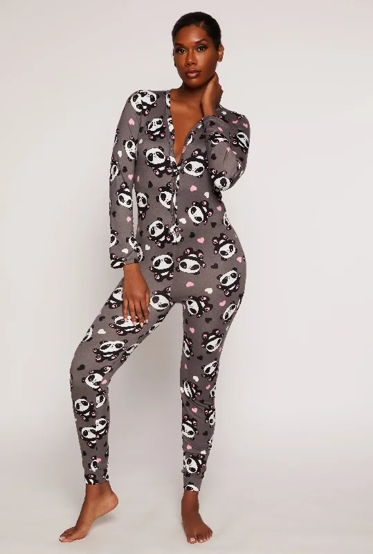 cozy women's flannel pajamasPanda Graphic V Neck Pajama Onesie