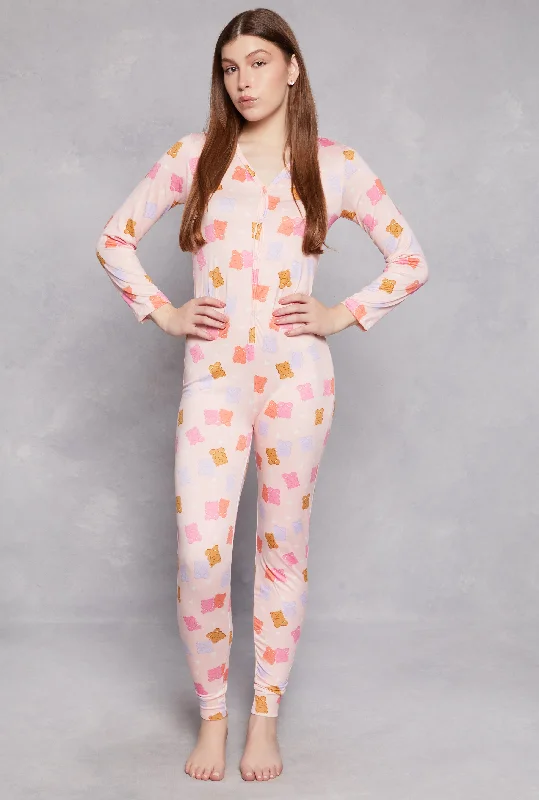 women's pajamas for all-season comfortTeddy Print Button Front Pajama Onesie