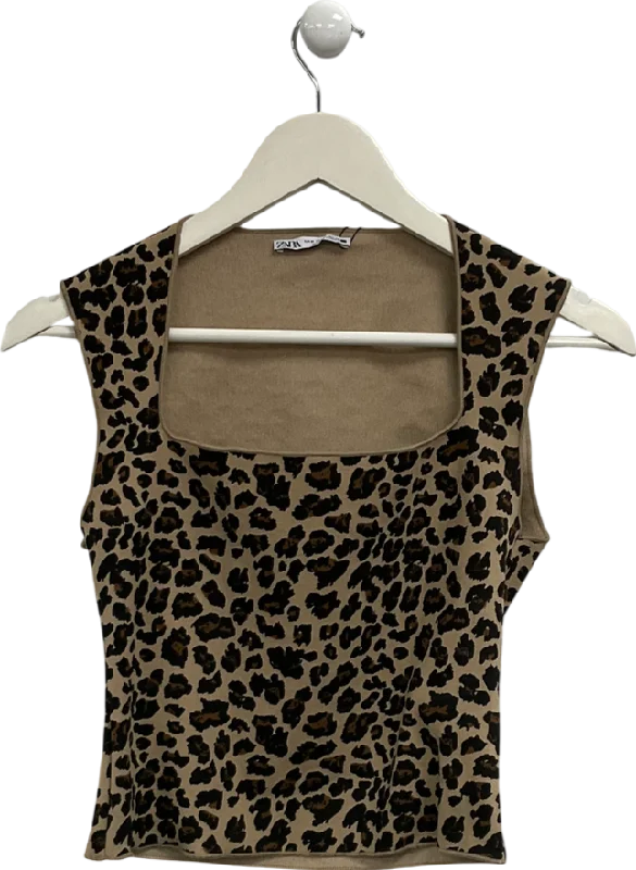 Women's Square Collar SweatersZARA Brown Leopard Print Top UK M