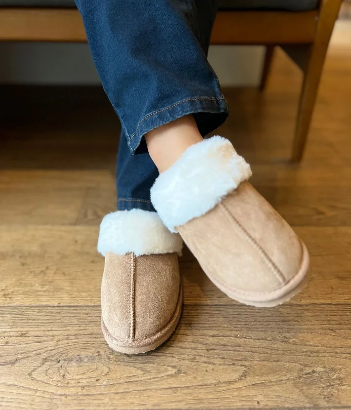 women's pajamas with built-in shortsCamel Faux Fur Mule Slippers