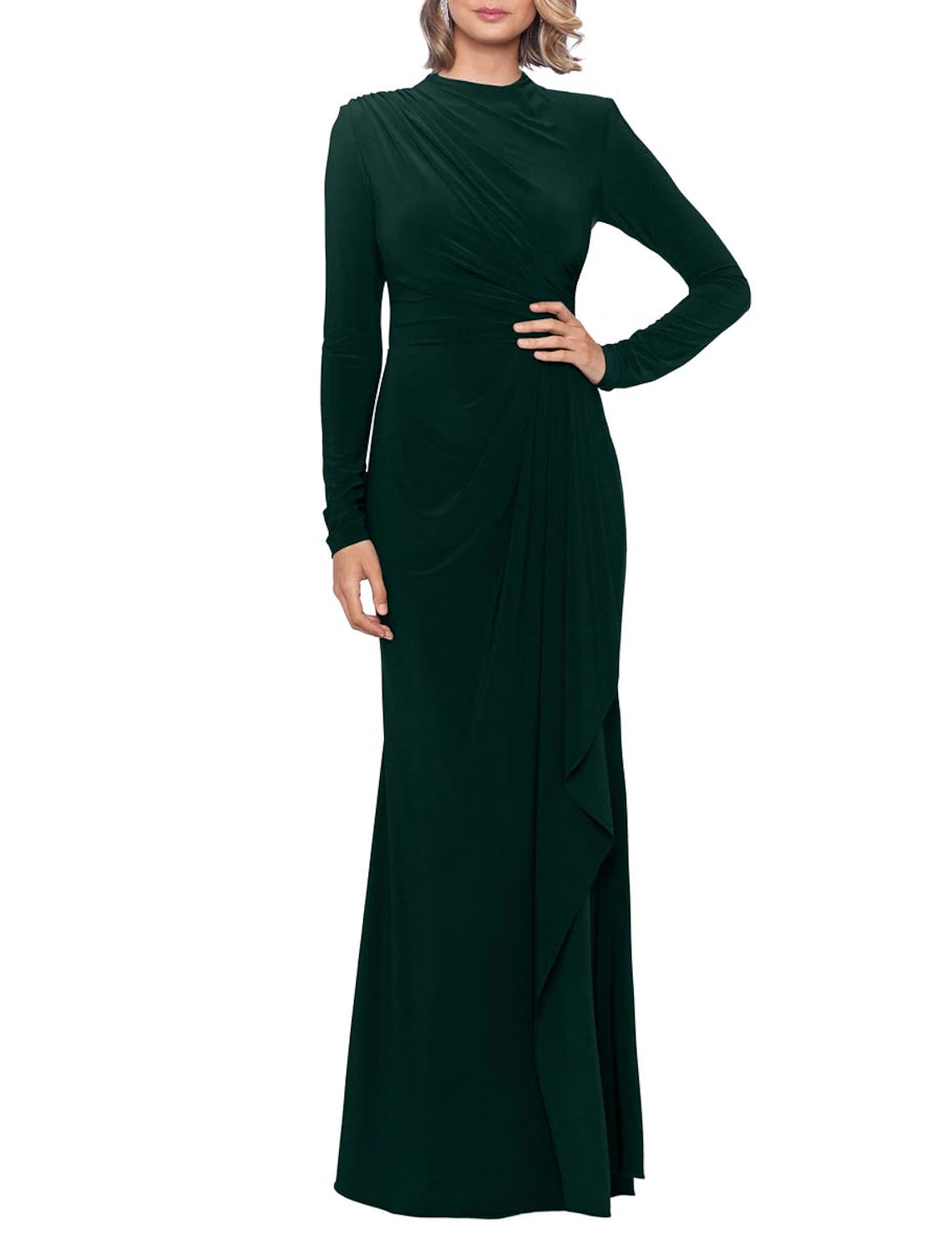 Women's Wide-Neck DressesSheath / Column Mother of the Bride Dress Formal Wedding Guest Party Elegant High Neck Floor Length Spandex Long Sleeve with Pleats Split Front