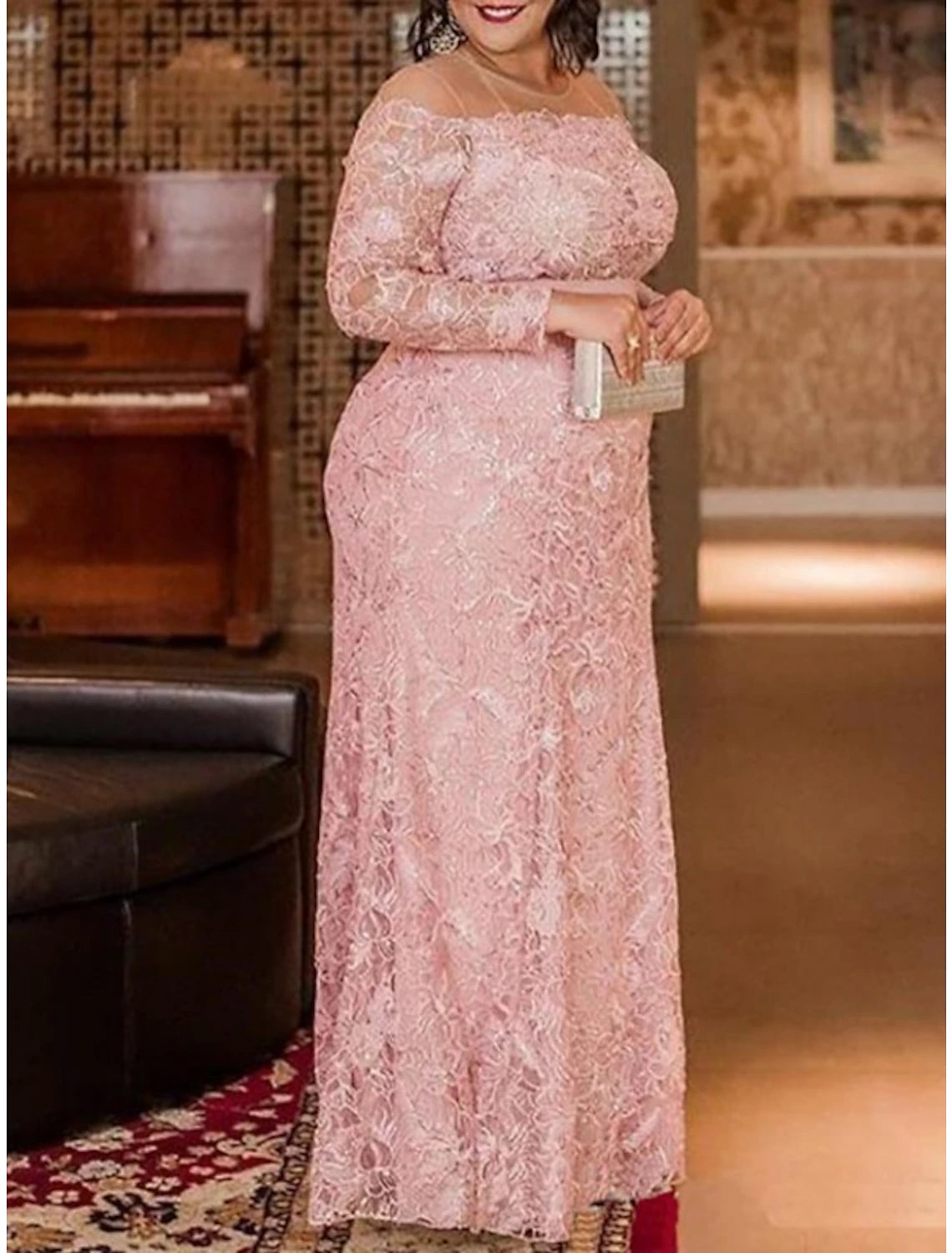 Women's V-Shaped-Neck DressesMother of the Bride Dresses Plus Size Curve Hide Belly Wedding Guest Party Elegant Illusion Neck Floor Length Lace Long Sleeve with Solid Color