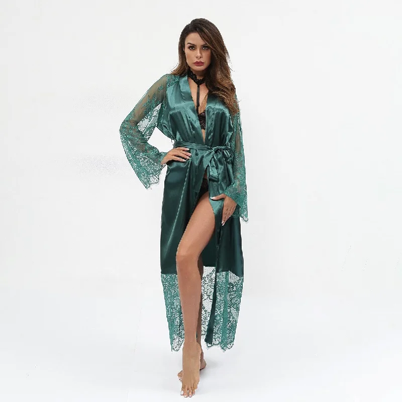 women's button-down pajama shirtsLong Maxi Sleepwear  Lace Nightgown Ladies V-Neck  Satin Bath Robe