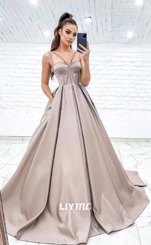 Women's Boat-Back DressesLP628 - A Line V Neck Cut Outs Satin Long Prom Party Dress With Sweep Train