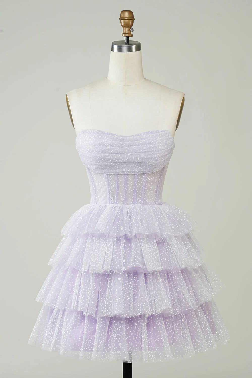 Women's Short-Sleeve DressesSparkly Purple Corset Tiered Cute Homecoing Dress Strapless Party Dress