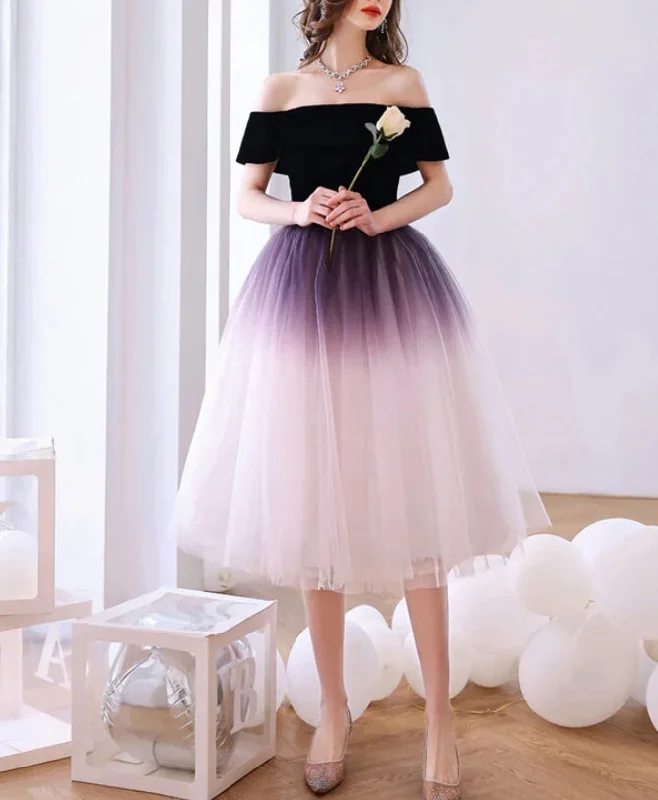 Women's Pencil DressesCute A-Line Purple Tulle Off Shoulder Gradient Party Dress Purple Tulle Short Homecoming Dress