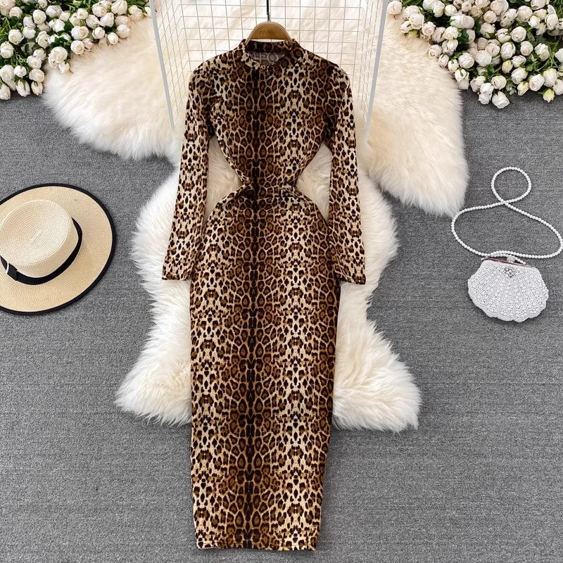 Women's U-Shaped Hem Skirtssexy leopard print for women long-sleeved long skirt     S3888