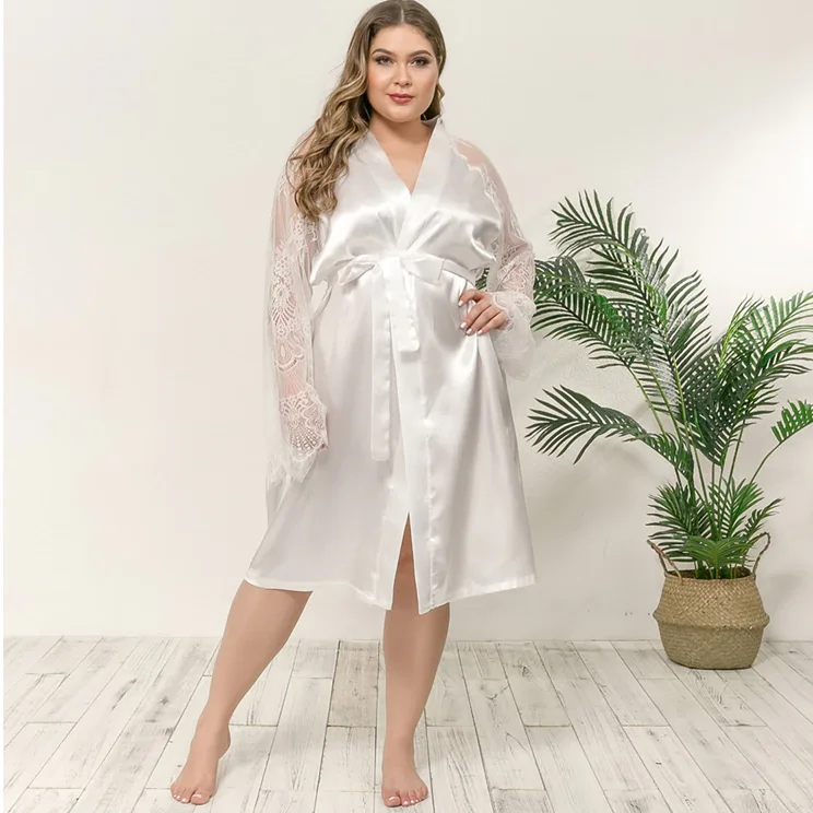 women's short sleeve pajama setsPlus Faux Silk and Lace Long Sleeve Elegant Robe