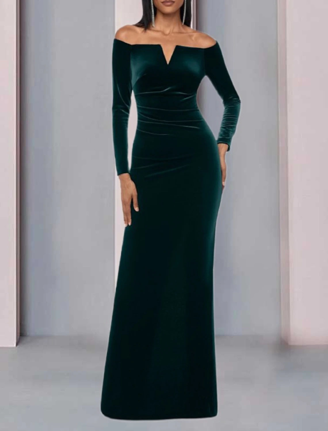 Women's Long-Sleeve DressesA-Line Mother of the Bride Dress Formal Wedding Guest Party Elegant Off Shoulder Floor Length Velvet Long Sleeve with Ruched