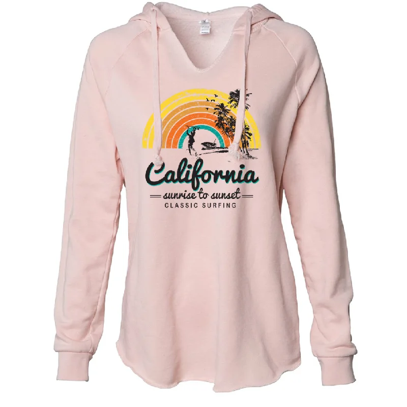 Women's Hooded Sweatshirts with ZipperCalifornia Classic Sunrise Surfing Women's Soft Hooded Pullover