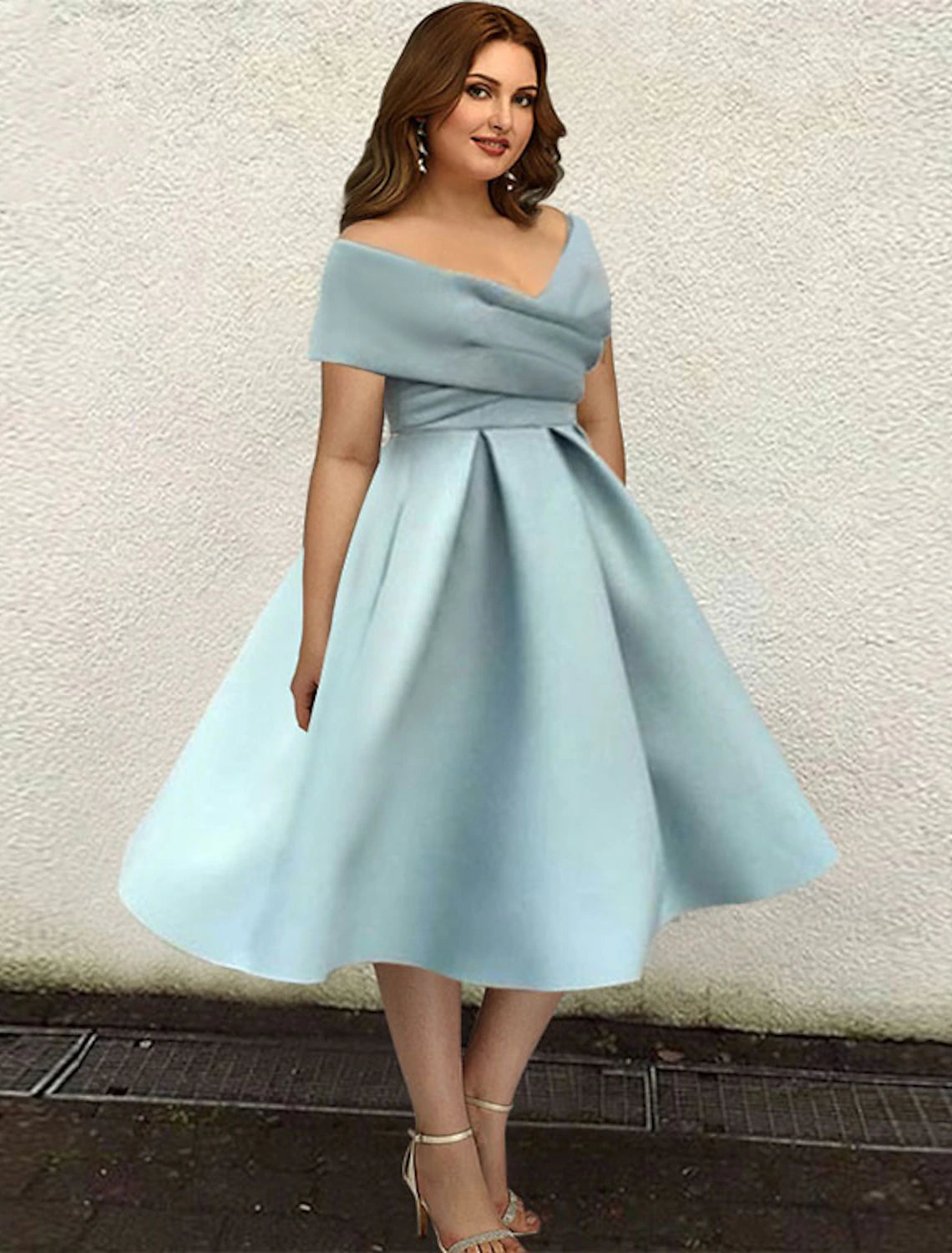 Women's Boat-Neck DressesA-Line Cocktail Dresses 1950s Dress Wedding Guest Cocktail Party Tea Length Short Sleeve V Neck Satin with Sleek Pleats Pure Color