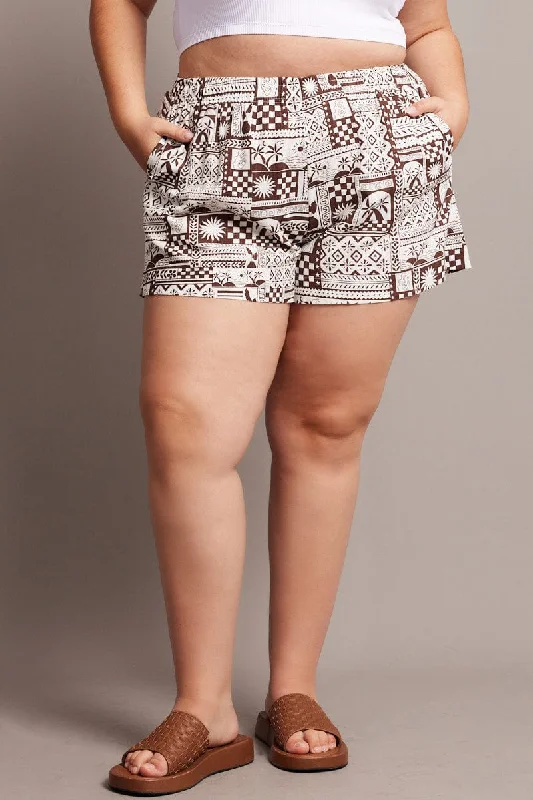 Women's Jodhpurs with Mid-LengthBeige Abstract Relaxed Shorts High Rise