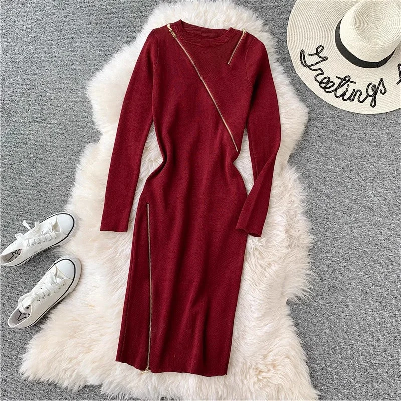 Women's Knit SkirtsRound Neck Knitted Dress Women's Mid-Length Sweater Skirt Zipper Slit     S3911