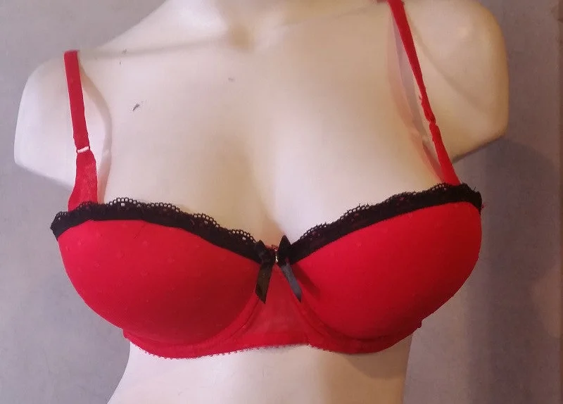 padded balconette braElegant Red Push-Up Bra with Lace Overlay Size 34D