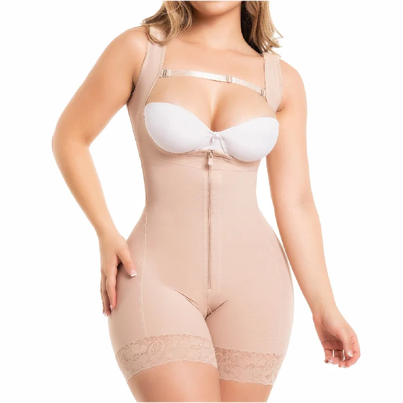 seamless body shaper with silicone strips for gripFajas Salome 0217 *PRE ORDEN*| Mid Thigh Firm Compression Full Body Shaper For Women | Butt Lifter Open Bust Postpartum Bodysuit | Powernet