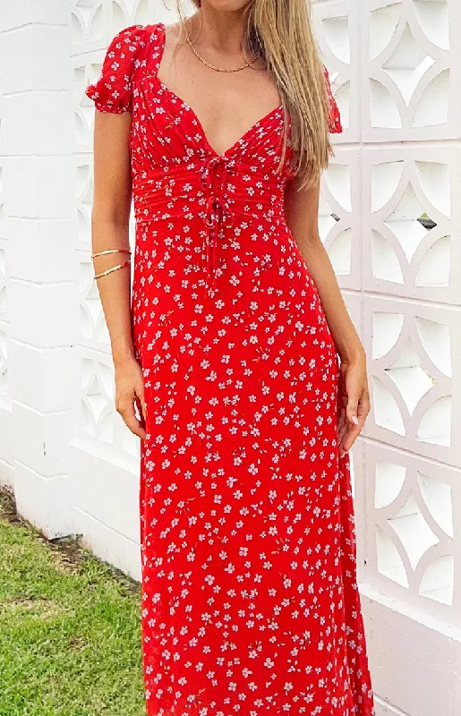 Women's V-Shaped Collar DressesAyla Red Floral Short Sleeve Maxi Dress