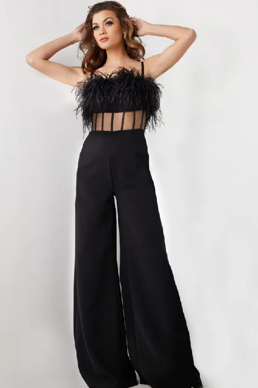 Women's Jumpsuits with Collarless DesignJovani 24144 Long Feather Formal Jumpsuit