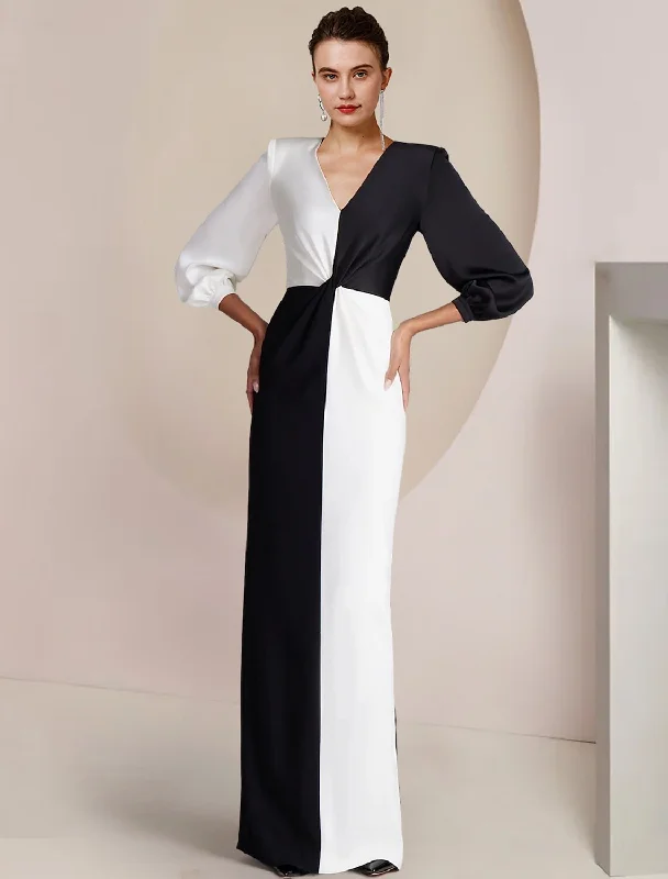 Women's Fit and Flare DressesSheath / Column Mother of the Bride Dress Formal Wedding Guest Party Elegant V Neck Floor Length Stretch Satin 3/4 Length Sleeve with Color Block