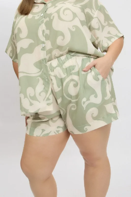 Women's Jodhpurs with High CollarGreen Abstract Elastic Waist Shorts