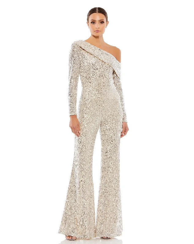 Women's Jumpsuits with V-Shaped CollarMac Duggal A26596 Sequins Long Sleeve Formal Prom Jumpsuit