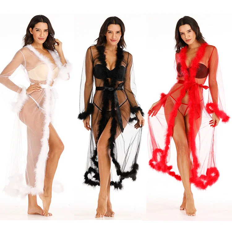 women's pajamas for all-season comfortEsther-Long women  Fur sheer Robe mesh Trim Sexy Lingerie