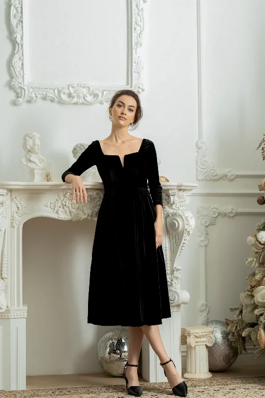 Women's Non-Stretch SkirtsWedding Guest Velvet Winter Vintage Dress Formal Cocktail Dress Long Sleeve Full Skirt Dress