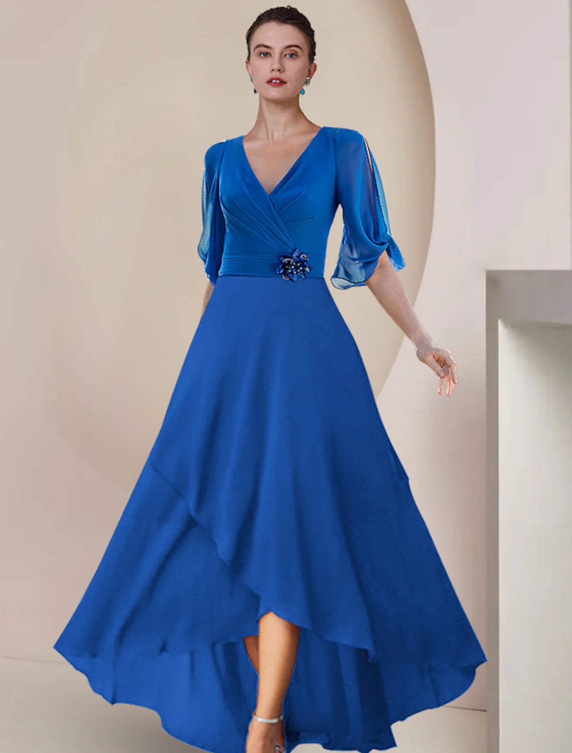 Women's Gathered DressesA-Line Mother of the Bride Dress Wedding Guest Party Elegant V Neck Asymmetrical Chiffon Half Sleeve with Crystal Brooch Ruching