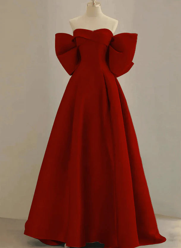 Women's Rounded Collar DressesWine Red Satin Long Prom Dress Party Dress A-line Wine Red Evening Dress