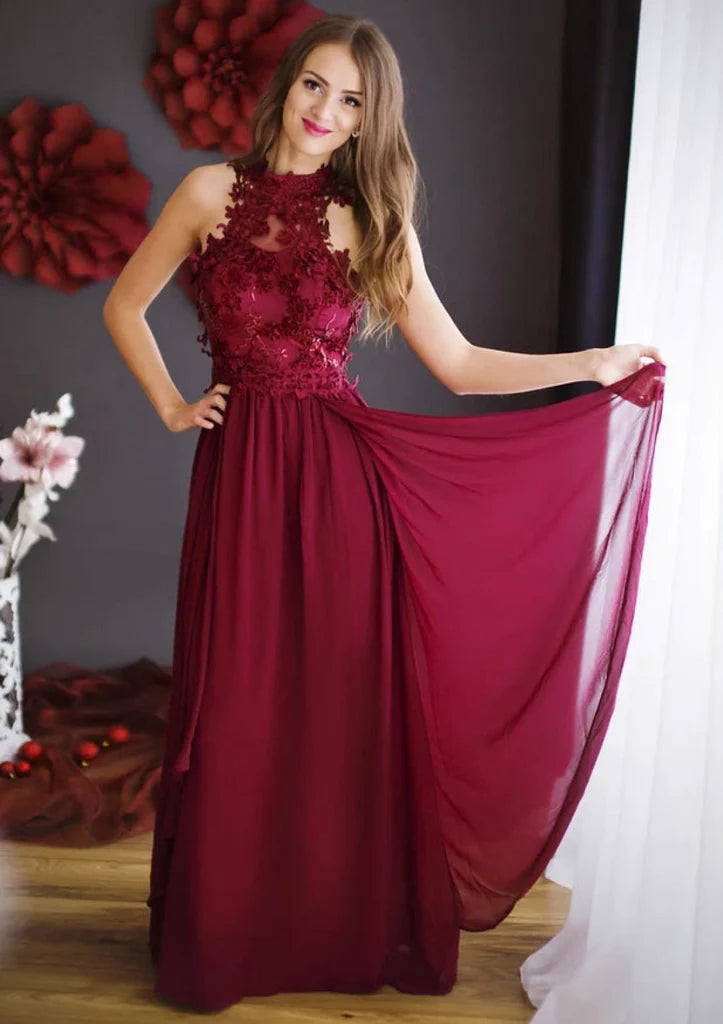 Women's Collarless SkirtsChiffon A-Line Sleeveless High Neck Overskirt Wine Red Long Prom Dress, Lace