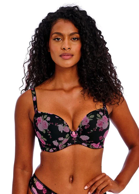 plus-size demi-cup bra with lace overlayRose Blossom Black Rose Uw Moulded Plunge T-shirt Bra