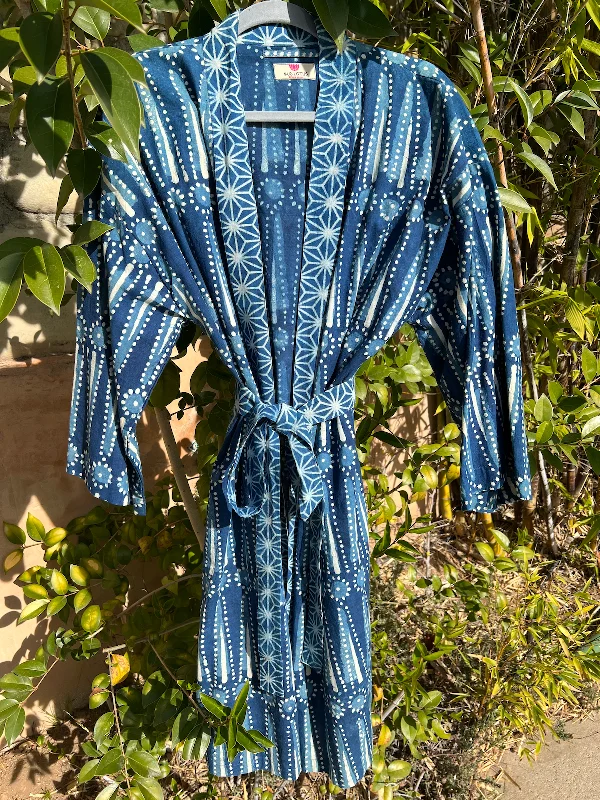 women's pajamas with a subtle shimmerCotton indigo plant dyed short kimono robe