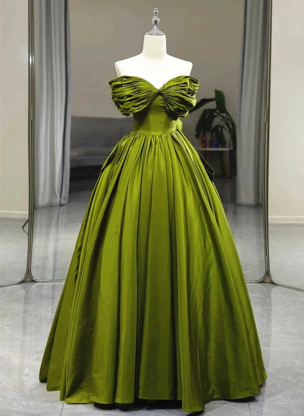 Women's Keyhole-Neck DressesGreen A-line Off Shoulder Satin Long Party Dress Green Satin Formal Dress Prom Dress