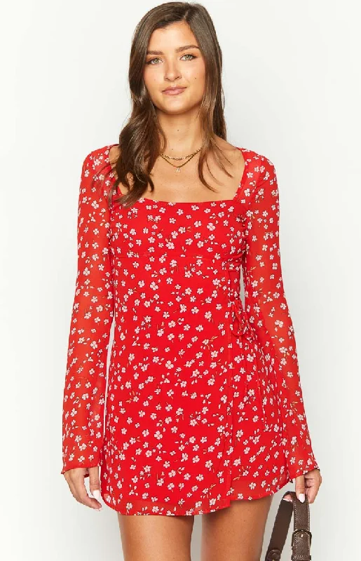 Women's Sweetheart-Neck DressesGoldie Red Floral Long Sleeve Mini Dress