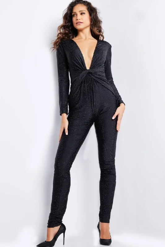 Women's Jumpsuits with HoodJovani 24537 Beaded Long Sequin V Neckline Formal Jumpsuit