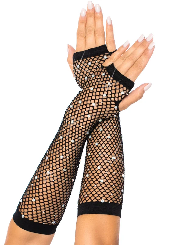 seamless bra with lace detailingRhinestone Fishnet Arm Warmers Black