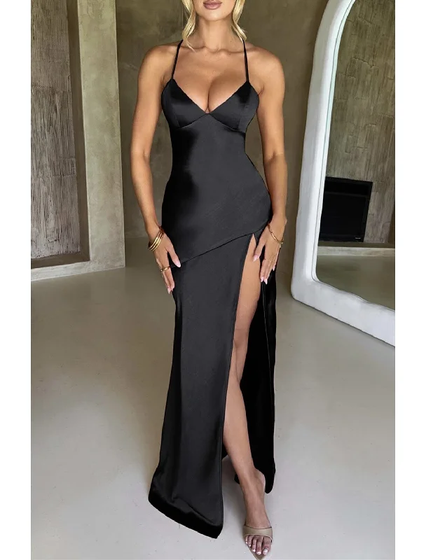 Women's Boat Collar DressesA-Line Mermaid Black Dress Party Dresses High Split Dress Formal Floor Length Sleeveless Spaghetti Strap Polyester Backless with Slit