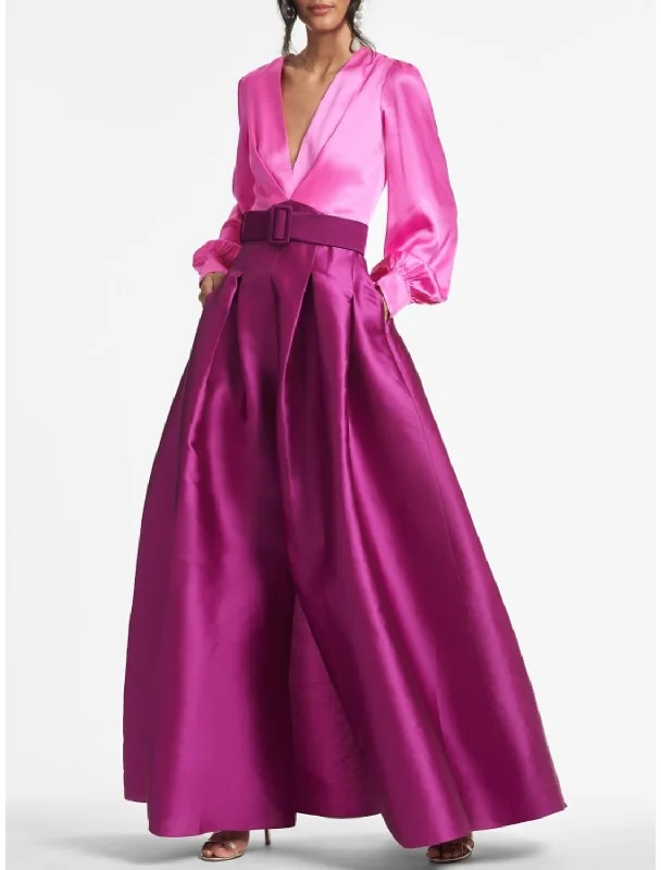 Women's Square-Neck DressesElegant A-Line Evening Gown Party Dress Formal Wedding Guest Floor Length Long Sleeve V Neck Belt / Sash Satin with Pleats