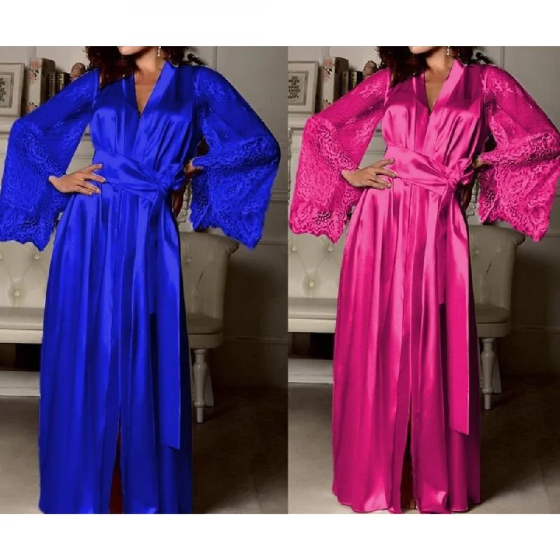 women's pajamas for those who love comfortQueen Esther - Blue and Pink Elegant Silk and Fine Lace Robe Night Gown