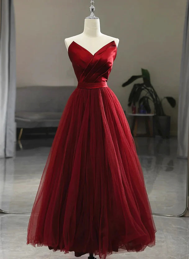 Women's Wide Collar DressesWine Red Tea Length Tulle V-neckline Prom Dress Wine Red Tulle Party Dress