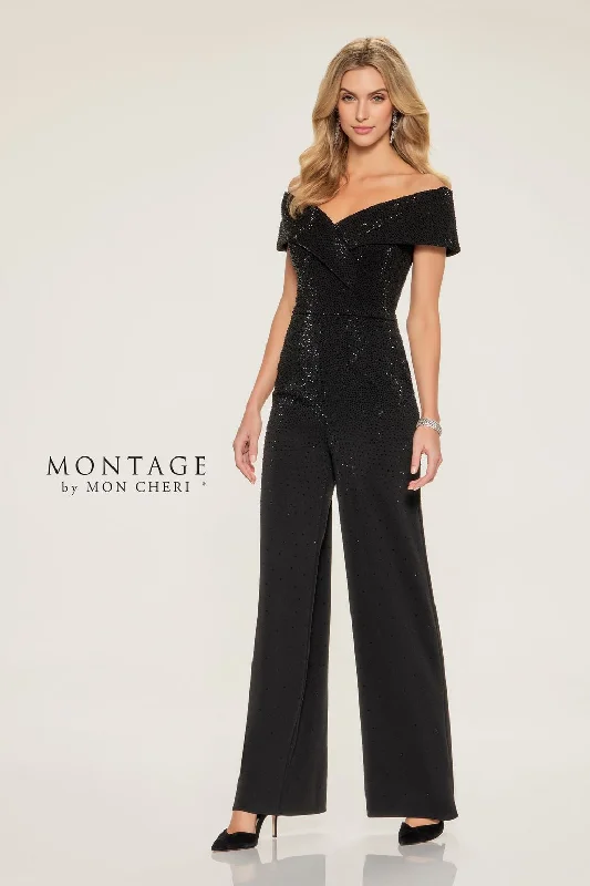 Women's Jumpsuits with Shirt CollarMontage M850 Long Wide Leg Evening Formal Jumpsuit