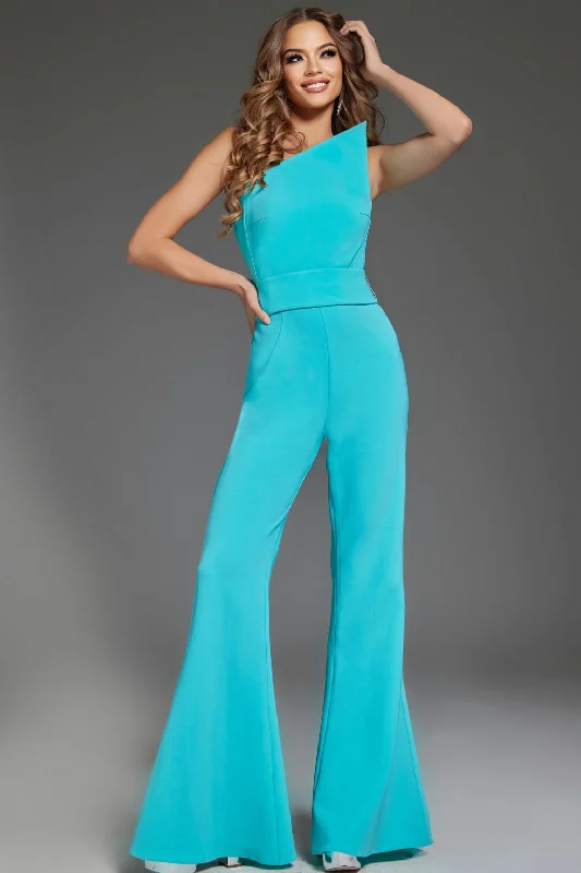 Women's Jumpsuits with Boat CollarJovani 43567 Long One Shoulder Formal Jumpsuit