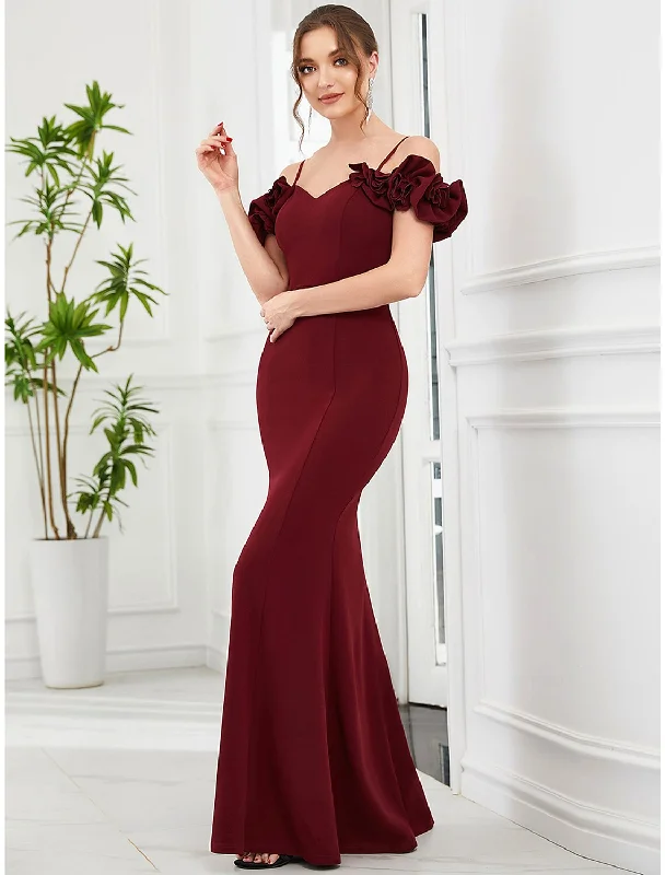 Women's Low-Neck DressesMermaid / Trumpet Evening Gown Vintage Dress Engagement Wedding Party Floor Length Sleeveless Off Shoulder Polyester with Ruffles