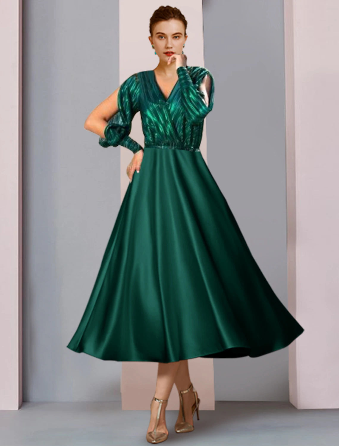 Women's High-Low DressesA-Line Mother of the Bride Dress Formal Wedding Guest Party Sparkle & Shine V Neck Tea Length Satin Half Sleeve with Pleats