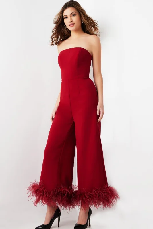 Women's Jumpsuits with Flared LegJovani 22590 Long Evening Feather Formal Jumpsuit