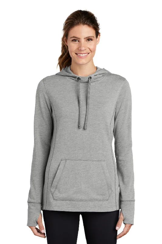 Women's Hooded Sweatshirts with Patch PocketsSport-Tek Womens Moisture Wicking Fleece Hooded Sweatshirt Hoodie w/ Pouch Pocket - Heather Light Grey - Closeout