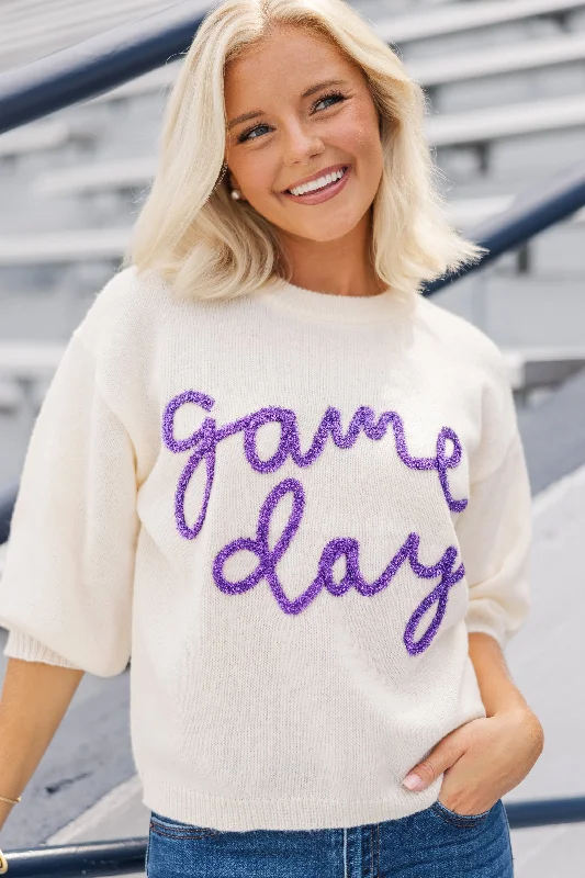 Women's CaprisIt's Game Day Ivory/Purple Puff Sleeve Sweater