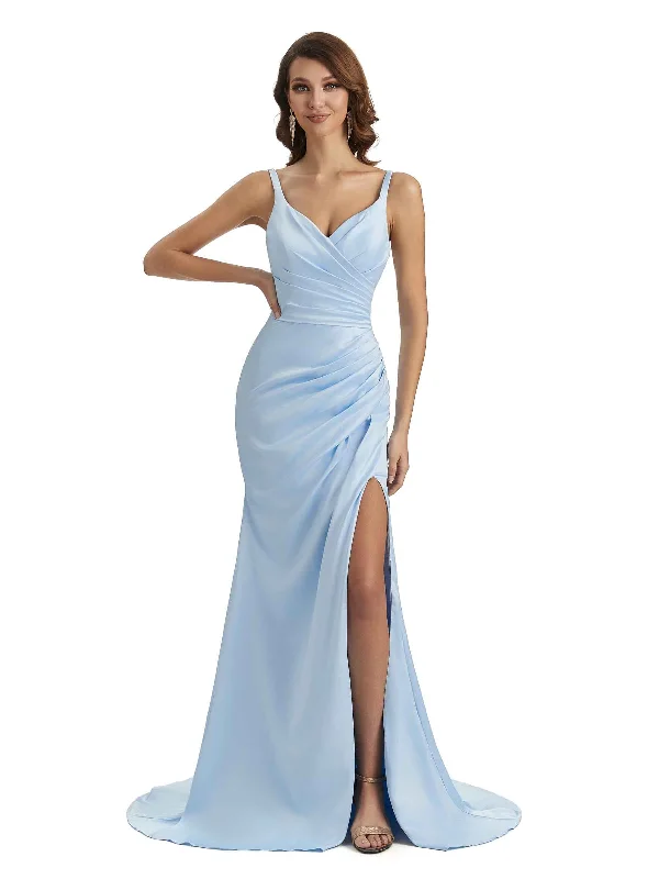 Women's Rounded-Neck DressesSexy Side Slit Mermaid Silky Satin Chic Long Maxi Unique Maid of Honor Dresses