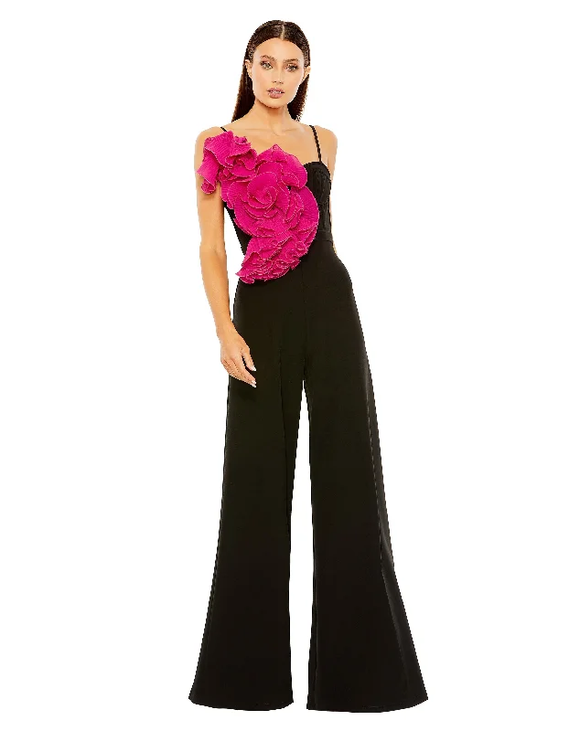 Women's Jumpsuits with High CollarMac Duggal 11767 Long Formal Ruffle Wide Leg Jumpsuit