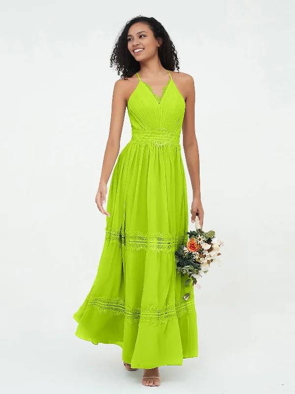 Women's Sweetheart Hem SkirtsLace and Chiffon Tiered Skirt Boho Dresses-Lime Green Bridesmaid Dresses