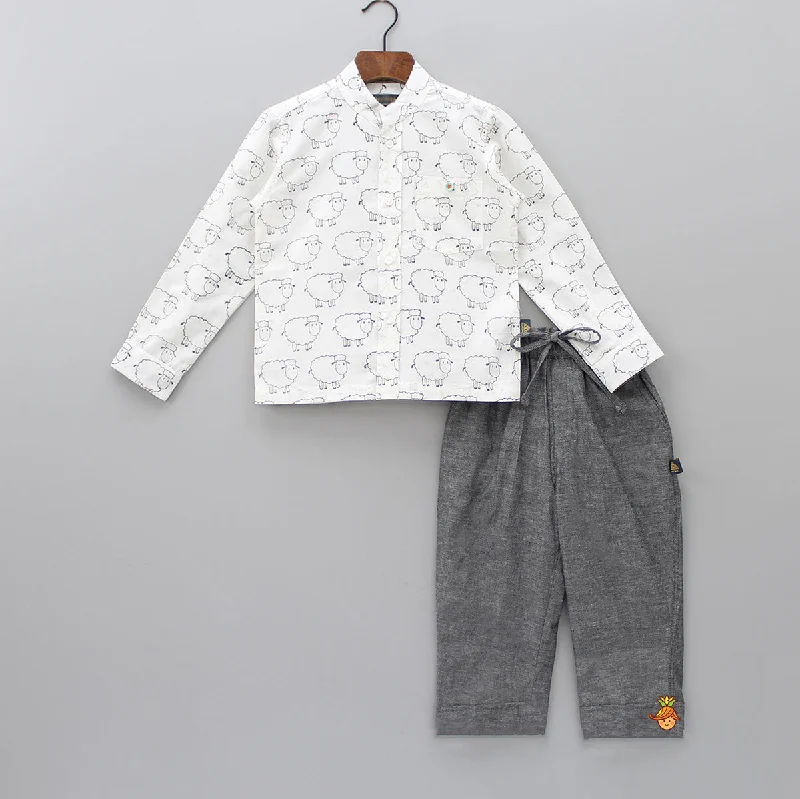 Women's Jodhpurs with Narrow CollarSheep Hand Block Printed Shirt And Grey Pant